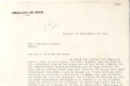 [Carta] 1949 sept. 24, Lima, [Perú] [a] Gabriela Mistral, México