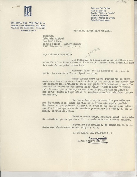 [Carta] 1954 mayo 10, Santiago, [Chile] [a] Gabriela Mistral, Roslyn Harbor, Long Island, N. Y., EE.UU.