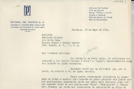 [Carta] 1954 mayo 10, Santiago, [Chile] [a] Gabriela Mistral, Roslyn Harbor, Long Island, N. Y., EE.UU.