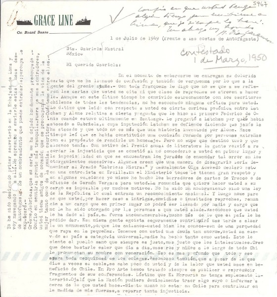 [Carta] 1949 jul. 1, Antofagasta, [Chile] [a] Gabriela Mistral, México