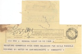 [Telegrama] 1952 jun. 10, Génova, [Italia] [a] Gabriela Mistral, Nápoles, [Italia]