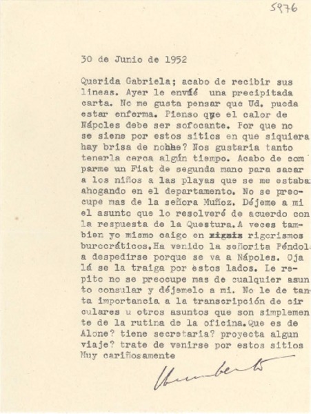 [Carta] 1952 jun. 30 [a] Gabriela [Mistral]