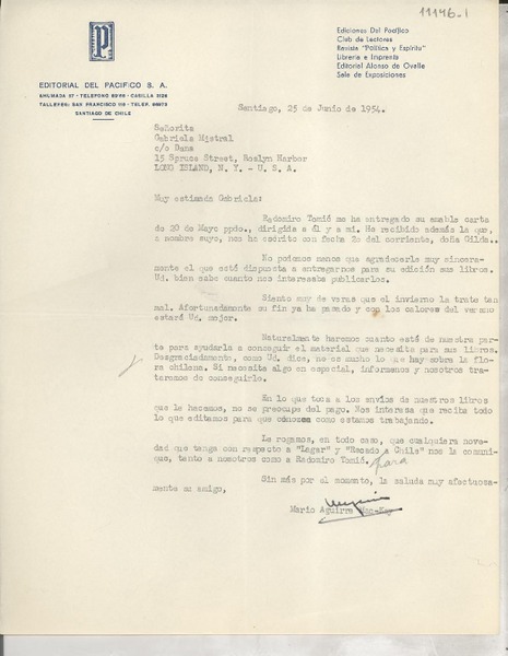 [Carta] 1954 jun. 25, Santiago, [Chile] [a] Gabriela Mistral, Roslyn Harbor, Long Island, N. Y., EE.UU.