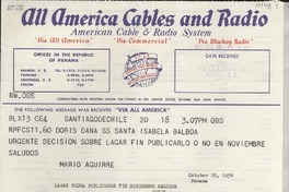 [Telegrama] 1954 oct. 18, Santiago, [Chile] [a] Doris Dana, SS Santa Isabela Balboa, [Panamá]