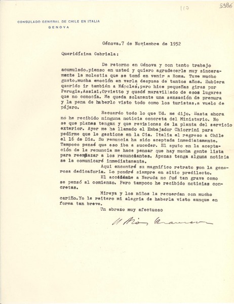 [Carta] 1952 nov. 7, Génova [a] Gabriela Mistral