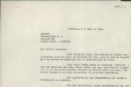 [Carta] 1954 mayo 8, Santiago, [Chile] [a] Espasa-Calpe S. A., Buenos Aires, Argentina