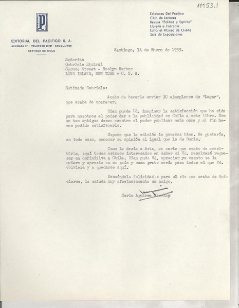 [Carta] 1955 ene. 14, Santiago, [Chile] [a] Gabriela Mistral, Roslyn Harbor, Long Island, N. Y., EE.UU.