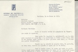 [Carta] 1955 ene. 14, Santiago, [Chile] [a] Gabriela Mistral, Roslyn Harbor, Long Island, N. Y., EE.UU.