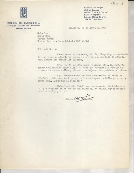 [Carta] 1955 ene. 14, Santiago, [Chile] [a] Doris Dana, Roslyn Harbor, Long Island, N. Y., EE.UU.