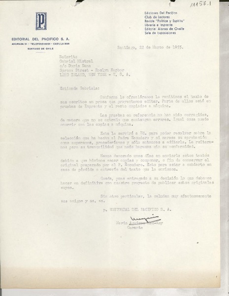[Carta] 1955 mar. 22, Santiago, [Chile] [a] Gabriela Mistral, Roslyn Harbor, Long Island, New York, EE.UU.