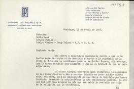 [Carta] 1955 abr. 13, Santiago, [Chile] [a] Doris Dana, Roslyn Harbor, Long Island, N. Y., EE.UU.