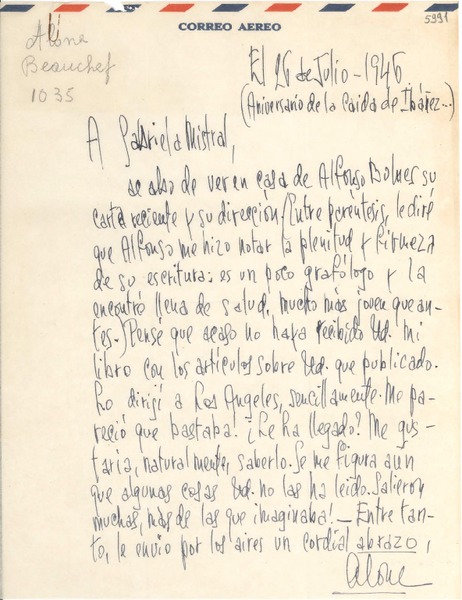 [Carta] 1946 jul. 26, [Santiago] [a] Gabriela Mistral