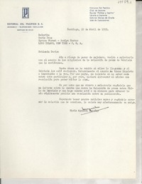 [Carta] 1955 abr. 29, Santiago, [Chile] [a] Doris Dana, Roslyn Harbor, Long Island, New York, EE.UU.