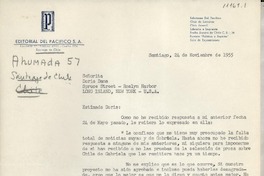 [Carta] 1955 nov. 24, Santiago, [Chile] [a] Doris Dana, Roslyn Harbor, Long Island, N. Y., EE.UU.
