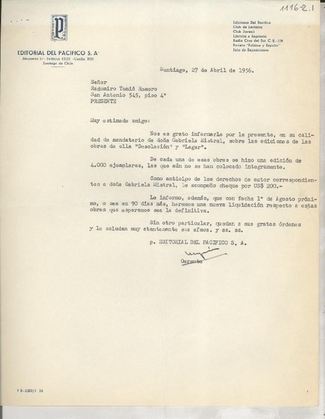 [Carta] 1956 abr. 27, Santiago, [Chile] [a] Radomiro Tomic Romero