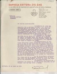 [Carta] 1938 jun. 28, Santiago, [Chile] [a] Gabriela Mistral