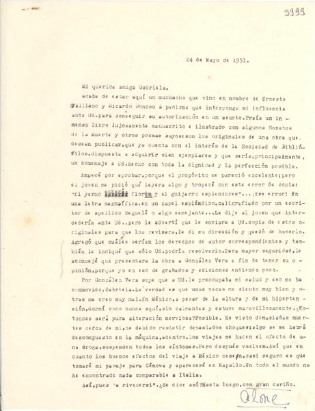 [Carta] 1951 mayo 24, [Santiago] [a] Gabriela Mistral