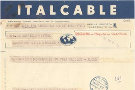 [Telegrama] 1952 apr. 26, Barcelona, [España] [a] Gabriela Mistral, Nápoles, [Italia]