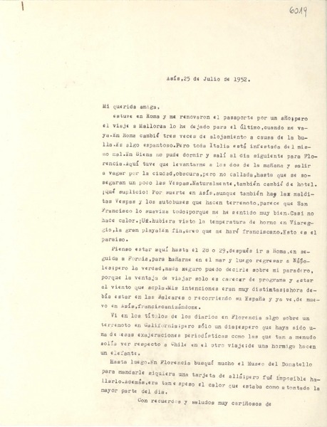 [Carta] 1952 jul. 25, Asís, [Italia] [a] [Gabriela Mistral]