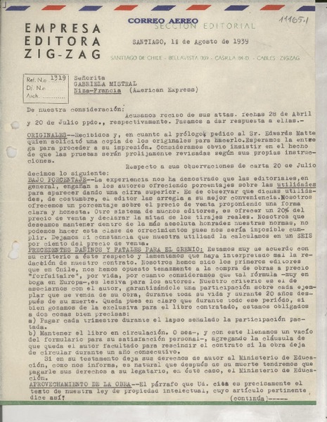[Carta] 1939 ago. 1, Santiago, [Chile] [a] Señorita Gabriela Mistral, Niza, Francia
