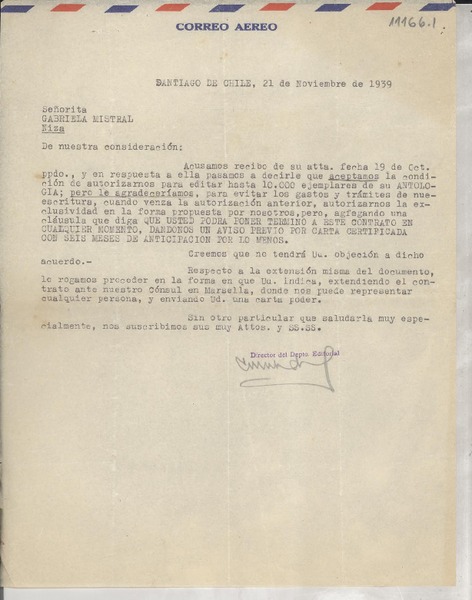 [Carta] 1939 nov. 21, Santiago de Chile [a] Señorita Gabriela Mistral, Niza