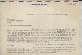 [Carta] 1939 nov. 21, Santiago de Chile [a] Señorita Gabriela Mistral, Niza
