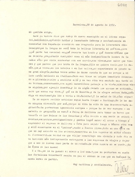 [Carta] 1952 ago. 30, Barcelona, [España] [a] [Gabriela Mistral]