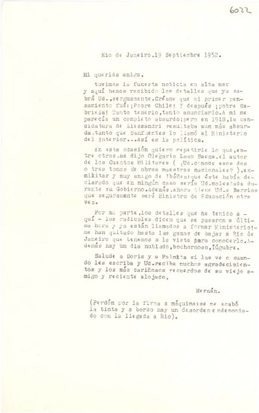 [Carta] 1952 sept. 19, Rio de Janeiro, [Brasil] [a] [Gabriela Mistral]