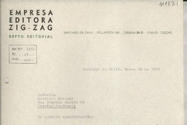 [Carta] 1943 ene. 20, Santiago, Chile [a] Gabriela Mistral, Petrópolis, Brasil