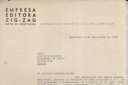 [Carta] 1944 dic. 6, Santiago, Chile [a] Gabriela Mistral, Consulado de Chile, Petrópolis, Brasil