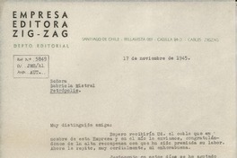 [Carta] 1945 nov. 17, Santiago, Chile [a] Gabriela Mistral, Petrópolis, [Brasil]