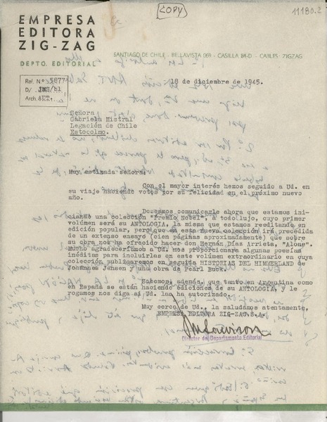 [Carta] 1945 dic. 18, [Santiago, Chile] [a] Señora Gabriela Mistral, Legacón de Chile