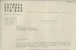 [Carta] 1946 mayo 27, Santiago, Chile [a] Gabriela Mistral, Los Angeles, California, [EE.UU.]
