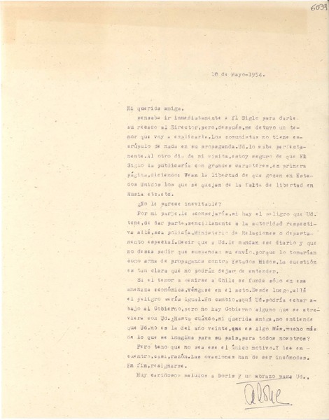 [Carta] 1954 mayo 10, [Santiago] [a] Gabriela Mistral