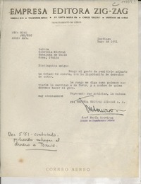 [Carta] 1951 mayo [17?], Santiago, Chile [a] Gabriela Mistral, Embajada de Chile, Roma, Italia