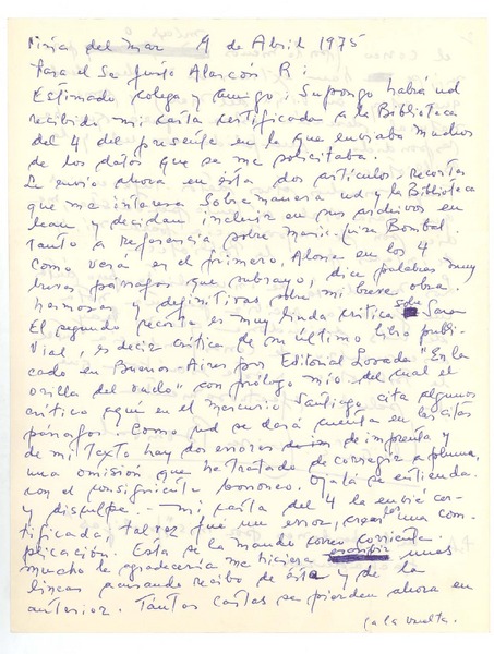 [Carta], 1975 abr. 9 Viña del Mar, Chile <a> Justo Alarcón