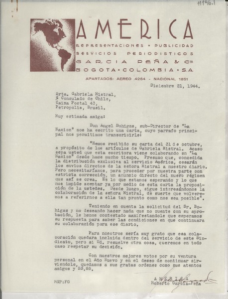 [Carta] 1944 oct. 31, Bogotá, Colombia [a] Gabriela Mistral, Petrópolis, Brasil