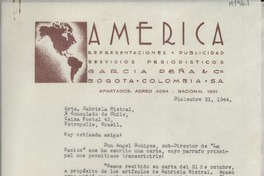 [Carta] 1944 oct. 31, Bogotá, Colombia [a] Gabriela Mistral, Petrópolis, Brasil