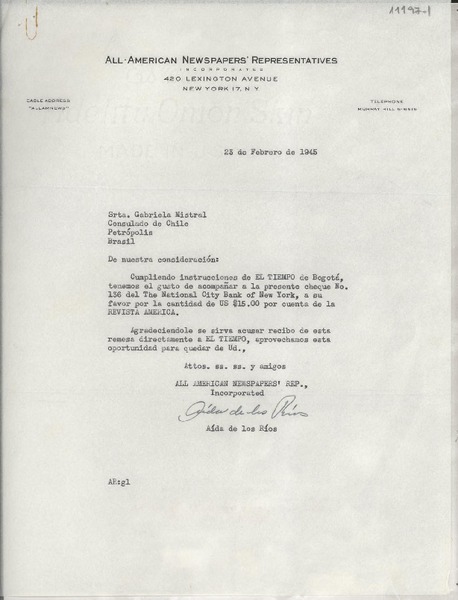 [Carta] 1945 feb. 23, New York, [EE.UU.] [a] Gabriela Mistral, Consulado de Chile, Petrópolis, Brasil
