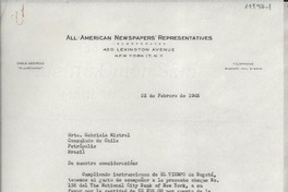 [Carta] 1945 feb. 23, New York, [EE.UU.] [a] Gabriela Mistral, Consulado de Chile, Petrópolis, Brasil