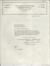 [Carta] 1945 abr. 11, New York, [EE.UU.] [a] Gabriela Mistral, Consulado de Chile, Petrópolis, Brasil