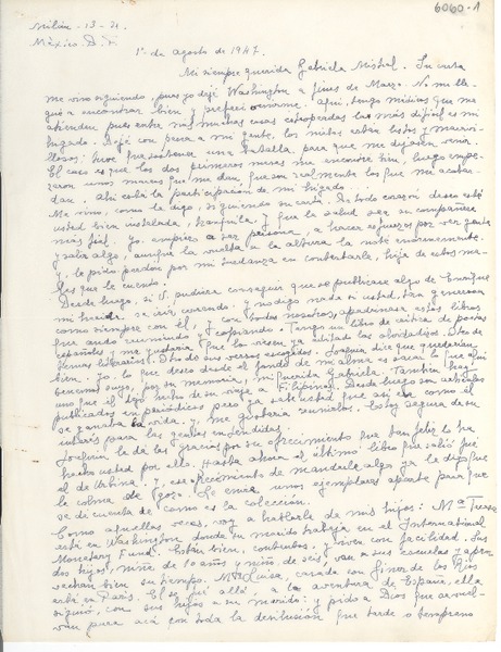 [Carta] 1947 ago. 1, México D.F. [a] Gabriela Mistral