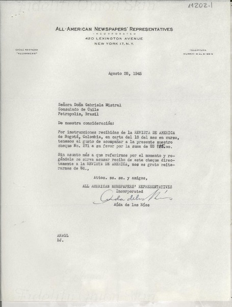 [Carta] 1945 ago. 28, New York, [EE.UU.] [a] Gabriela Mistral, Consulado de Chile, Petrópolis, Brasil