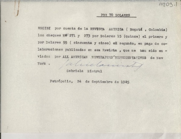 [Carta] 1945 sept. 24, Petrópolis, [Brasi] [a la] [Revista América], Bogotá, Colombia
