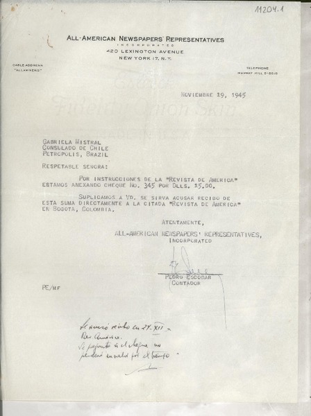 [Carta] 1945 nov. 19, New York, [EE.UU.] [a] Gabriela Mistral, Consulado de Chile, Petrópolis, Brazil
