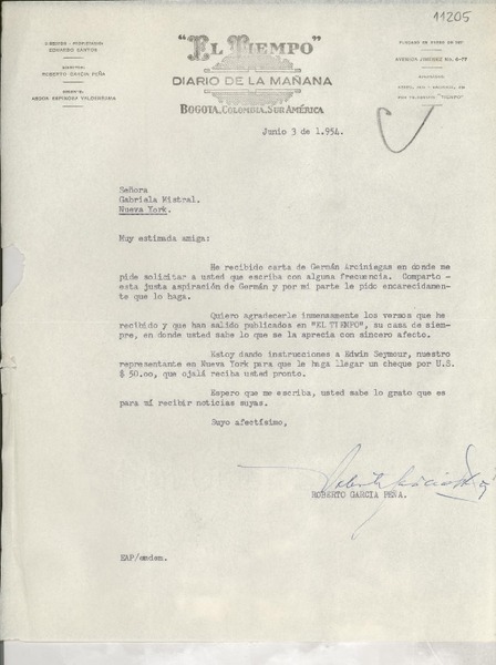[Carta] 1954 jun. 3, Bogotá, Colombia [a] Gabriela Mistral, Nueva York, [EE.UU.]