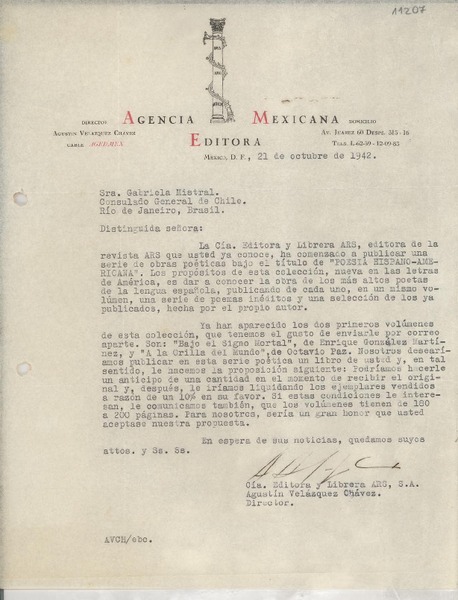 [Carta] 1942 oct. 21, México, D. F., México [a] Gabriela Mistral, Consulado General de Chile, Río de Janeiro, Brasil