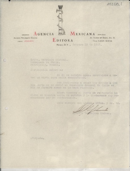 [Carta] 1943 feb. 12, México, D. F., México [a] Gabriela Mistral, Consulado de Chile, Petrópolis, Brasil