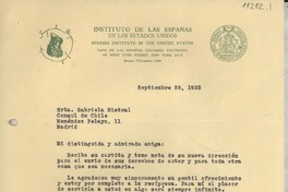 [Carta] 1933 sept. 28, New York City, [EE.UU.] [a] Gabriela Mistral, Madrid, [España]