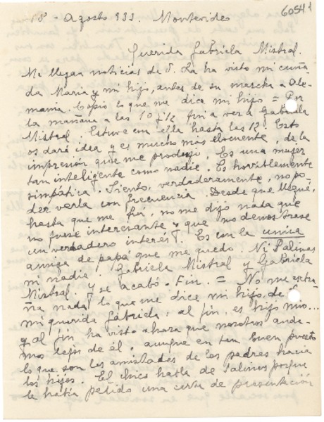 [Carta] 1933 ago. 18, Montevideo [a] Gabriela Mistral